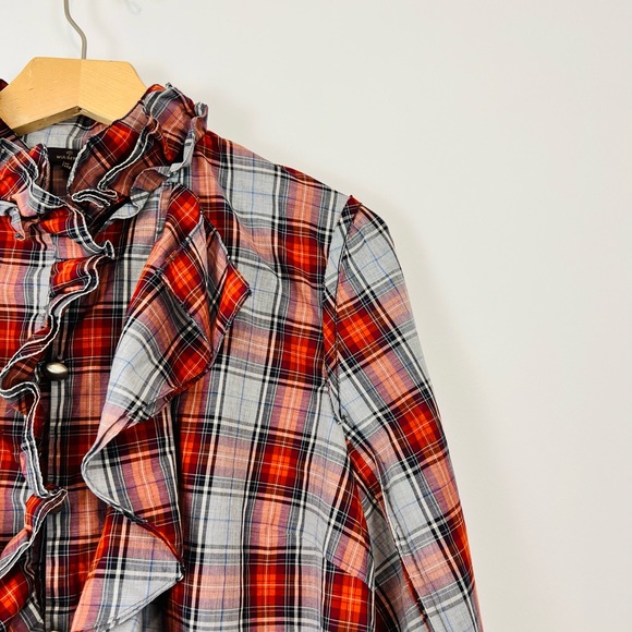Mulberry Red and Blue Tartan Check Ruffle Front Classic Cotton Shirt UK 16 - Picture 4 of 13